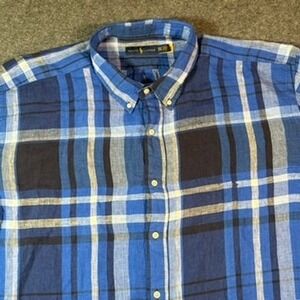 Ralph Lauren Men's 3XLT Blue Plaid Linen Blend Button Down Shirt Preppy Lux Work